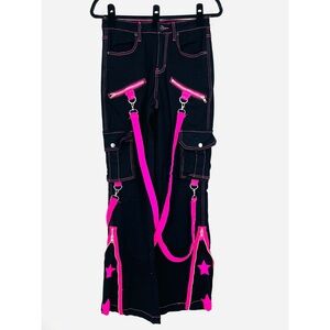 Hot Topic 7 Black Pink Stars Suspender Cargo Pants